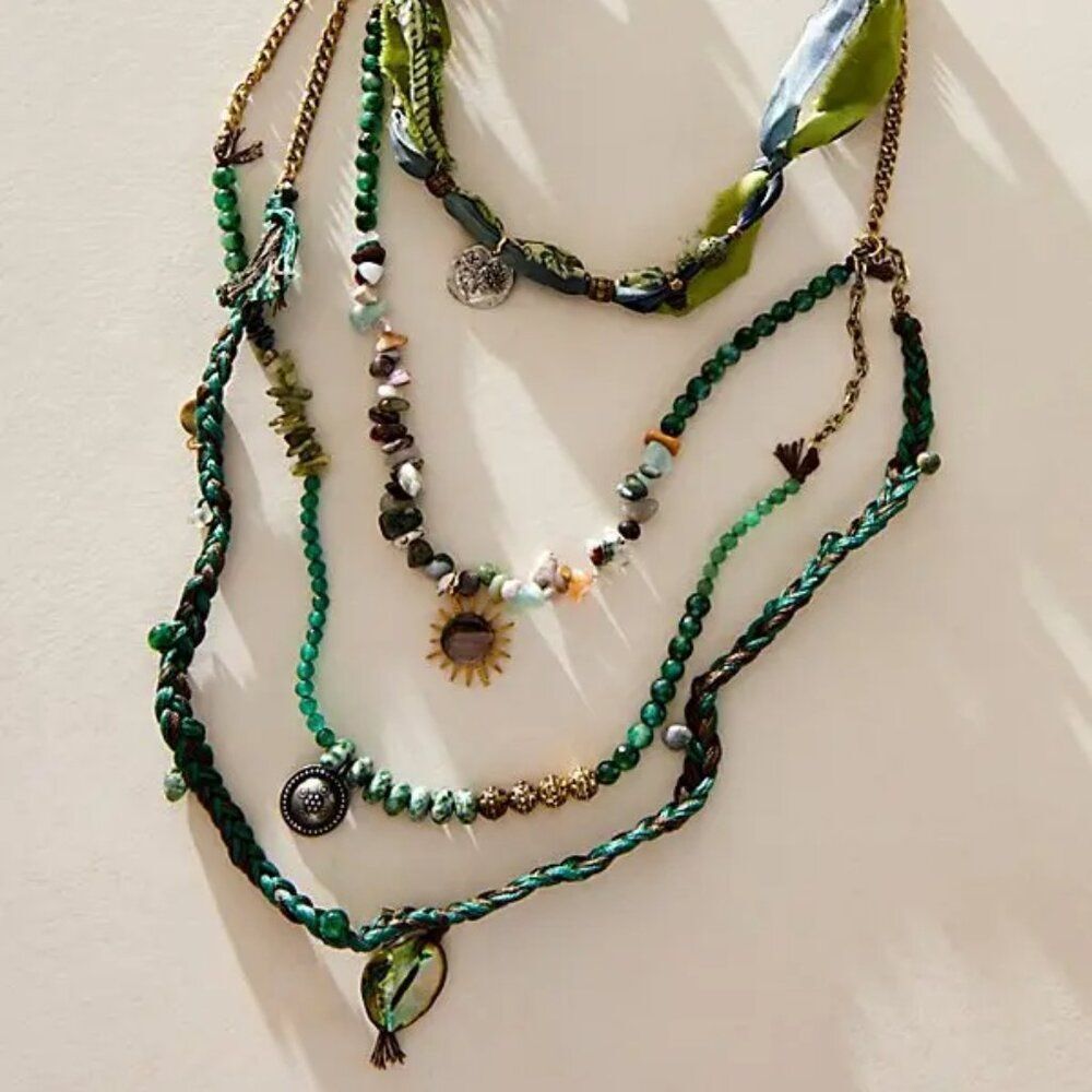 FREE PEOPLE x Ariana Ost River Layered Textile Necklace In Emerald Green NWT